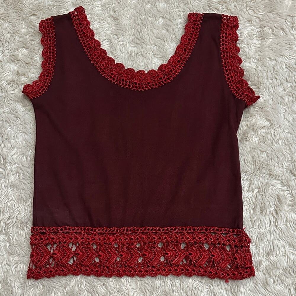 Handmade Crochet Faux Leather Elegant Burgundy Lace Trim Tank Top